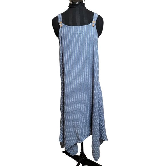 Vasna Italy Linen Dress – Blue Pinstripe Handkerchief Hem | Size S | Made Italy - Picture 1 of 10